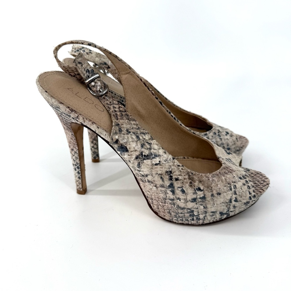Aldo Tan Snake Print Cragar Peep-Toe Slingback Heels